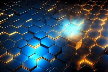 Sticker - luxury hexagonal abstract gold metal background with blue light lines, brigth 3d geometric texture illustration. generative ai