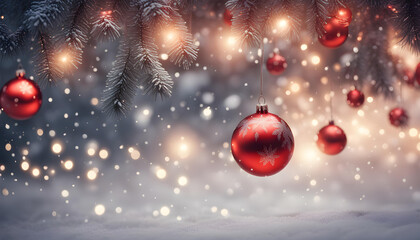 Wall Mural -  Fantastic glowing background with snowy fir branches and red Christmas balls hanging with string