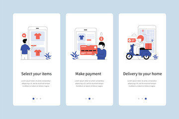 Online shopping concept onboarding app screens. Onboarding screens template for mobile apps