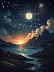 The night sky has the moon and mountains, AI generated