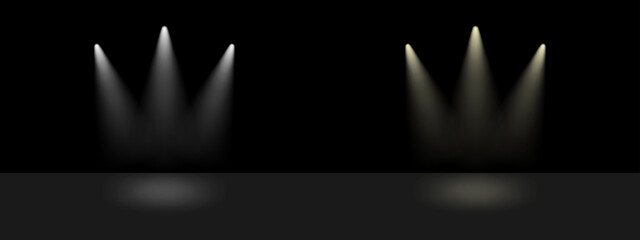 Poster - White and yellow spot lights. Shiny bright rays on dark background as concert scene or stage. Glowing lamp projectors as illuminated studio.