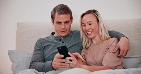 Sticker - Couple, phone and smile in bedroom for social media, reading notification and scroll with online shopping app at home. Man, woman and happy with smartphone, search mobile website or digital news blog