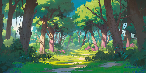 Wall Mural - Anime cartoon. style beautiful forest woodland background trees backdrop wide nature, generated ai