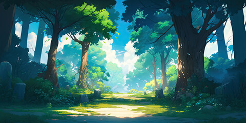 Wall Mural - Anime cartoon. style beautiful forest woodland background trees backdrop wide nature, generated ai