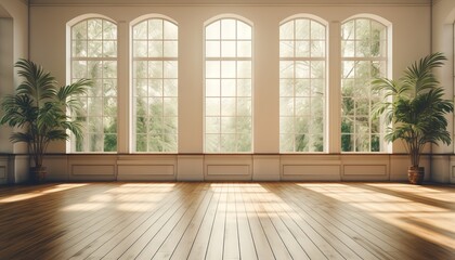 Wall Mural - empty vintage living room interior with big windows and wooden floor