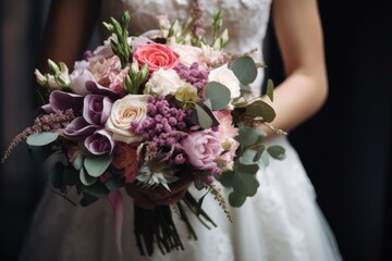Wall Mural - Beautiful wedding bouquet for the bride with white, rosy and purple roses