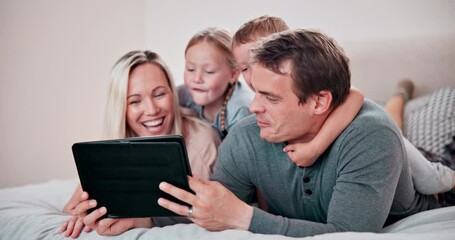 Canvas Print - Parents, children and tablet in bedroom, streaming and playing in bed, technology and smile. Mom, dad and online for childhood, happiness and internet in family home, games and bonding together