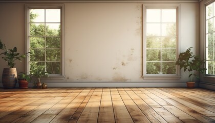 empty vintage living room interior with big windows and wooden floor