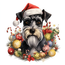Christmas Themed Miniature Schnauzer Surrounded By Decorations, Perfect For Winter Holiday Designs.  AI
