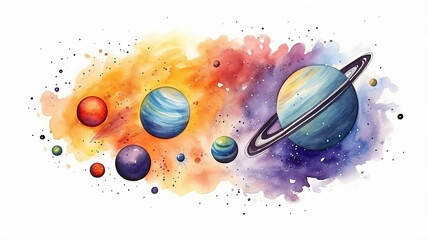Wall Mural - planets in space on a white background, watercolor drawing for children primitive minimalistic poste