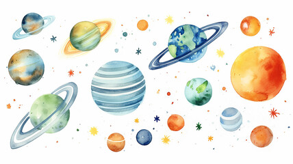 Wall Mural - planets in space on a white background, watercolor drawing for children primitive minimalistic poste