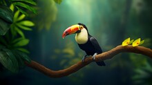 Tucan Perched On A Tree In The Amazon Rainforest Jungle.  Generated With AI.