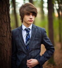 Sticker - A confident young man in a suit and tie stands in a serene forest. Generative AI.