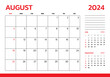 August 2024 Calendar. Week start on Sunday. Desk calendar 2024 design, simple and clean design, Wall calendar for print, digital calendar, Corporate design planner template vector.