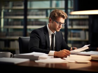 Wall Mural - A man in a suit and tie sitting at a desk with papers. Generative AI.