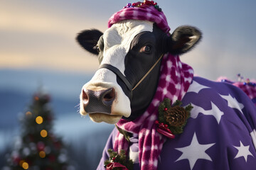 portrait of a cow in warm clothes, snow and Christmas tree