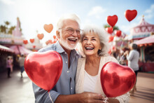 Happy Smiling Old Couple With Heart Shaped Balloons