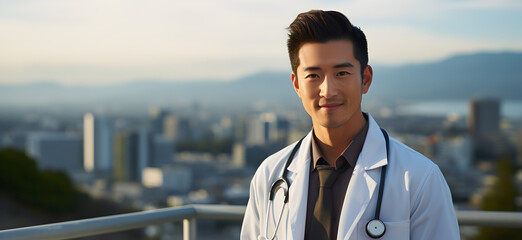 Smiling Asian male doctor in white coat with stethoscope standing outside hospital