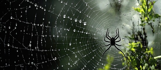 Wall Mural - In the midst of a vibrant garden a black spider weaves an intricate web its ethereal design standing out against the white backdrop of nature creating a mesmerizing pattern that intertwines