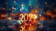 Vector style illustration of happy new year background decoration 2024 With figures and a beautiful shiny fireworks backdrop.
