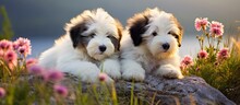 Serene Embrace Of Nature A Happy Scene Unfolds As Cute Fluffy Dogs With Long Hair Peacefully Follow The Trail Exuding A Calm And Friendly Demeanor The Old English Sheepdog Puppies Obedient 