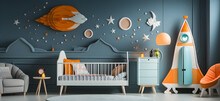 Space Theme. Creative And Bright Eco Design Of A Children's Room. Bright Fantasy Wallpaper On The Wall