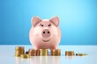 © AI Farm - Vibrant pink piggy bank filled with coins, symbolizing savings, financial security, and smart money management. isolated on blue