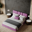 Luxury lilac violet colors in the interior design room. Purple pink tone bed. Dark room in deep rich trend material - mockup background microcement plaster wall. Modern premium bedroom. 3d rendering 