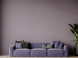 Premium living room with pastel violet purple sofa. Gray lavender wall and lounge furniture - rich sofa. Empty space for art or picture. Luxe interior design. Mockup room modern reception. 3d render