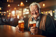 happy old man holding a beer on the bar counter bokeh style background