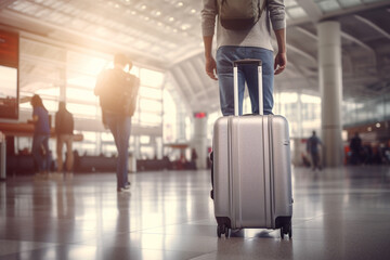 Canvas Print - A gray suitcase with a man at the airport terminal bokeh style background