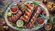 A summer barbecue platter features a top-down view of Kansas City-style barbecue ribs, coated in a smoky and tangy sauce, representing the bold and flavorful barbecue traditions of the Midwest.