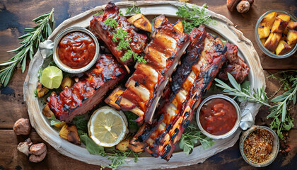 Wall Mural - A summer barbecue platter features a top-down view of Kansas City-style barbecue ribs, coated in a smoky and tangy sauce, representing the bold and flavorful barbecue traditions of the Midwest.