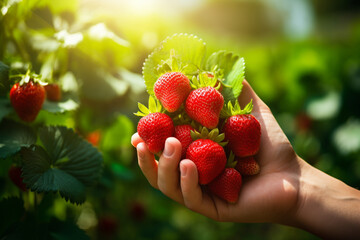 Wall Mural - farmer hand harvesting stawberries in stawberry farm bokeh style background