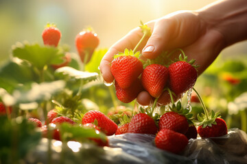 Wall Mural - farmer hand harvesting stawberries in stawberry farm bokeh style background