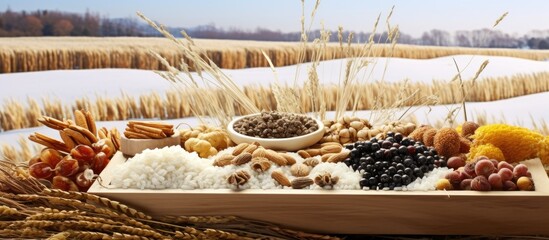 Wall Mural - isolated outskirts of a lush natural landscape a wooden tray filled with a variety of healthy snacks each white as snow sits against a backdrop of organic grains and seeds embodying the esse