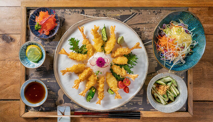 Wall Mural - A top-down shot of Japanese tempura showcases lightly battered and deep-fried shrimp and vegetables, providing a crispy and delicious representation of Japanese culinary craftsmanship.