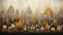 Image Greeting Card With Autumn Houses And Trees Evening Light In The Windows October Landscape With Copy Space