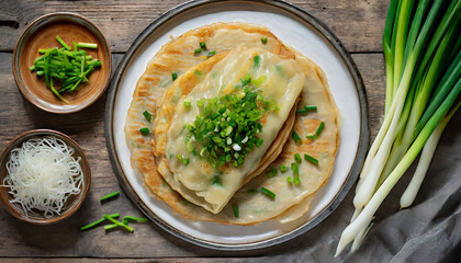 Wall Mural - A top-down shot of Chinese scallion pancakes features layers of flaky and savory dough infused with chopped scallions, creating a crispy and flavorful snack in Chinese cuisine.