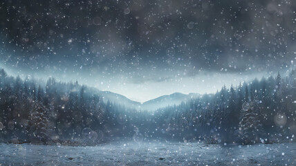 landscape night snowfall in a winter forest, panorama of a blurred background night in a blue coniferous forest swept by snow