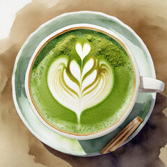 Wall Mural - A top-down perspective of a Japanese matcha latte captures the vibrant green hue of finely ground matcha powder mixed with steamed milk, offering a soothing and earthy flavor.
