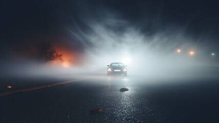 Wall Mural - autumn fog on a wet night road in the headlights of a car, autumn dangerous driving weather, fog in the light of a car