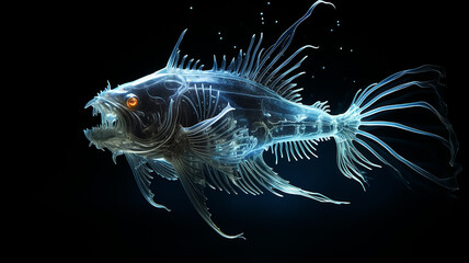 Wall Mural - luminous fish transparent animal deep-sea creature fictional , light ocean depth, overlay layer isolated on black background