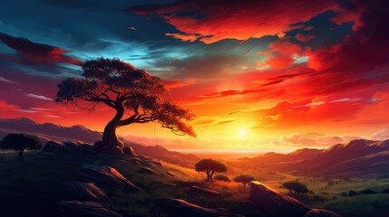 Wall Mural - scape land sunrise travel mesmerizing illustration summer sky, sun horizon, scenic view scape land sunrise travel mesmerizing