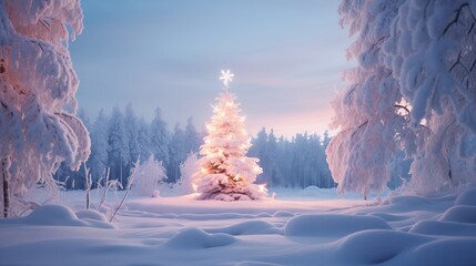 Wall Mural - Snowy forest with a shining Christmas tree