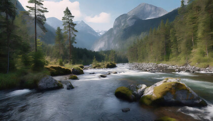  A vast evergreen forest, a gentle river, moss-covered rocks, and distant mountains offer a tranquil nature setting.