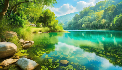  A tranquil lakeside view in summer, where emerald waters meet lush greenery, creating a refreshing and idyllic retreat.