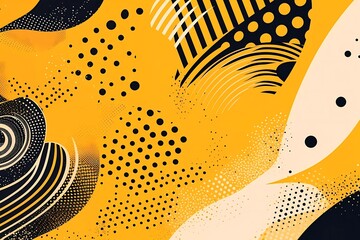 Canvas Print - memphis gold yellow background with halftone elements and wavy lines. generative ai