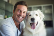 a male pet vet hugging a dog bokeh style background