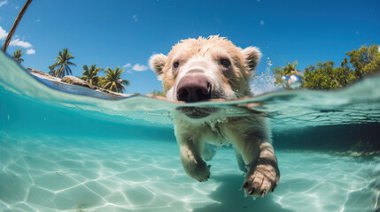 Wall Mural - Polar bear swims in the sea in crystal clear water